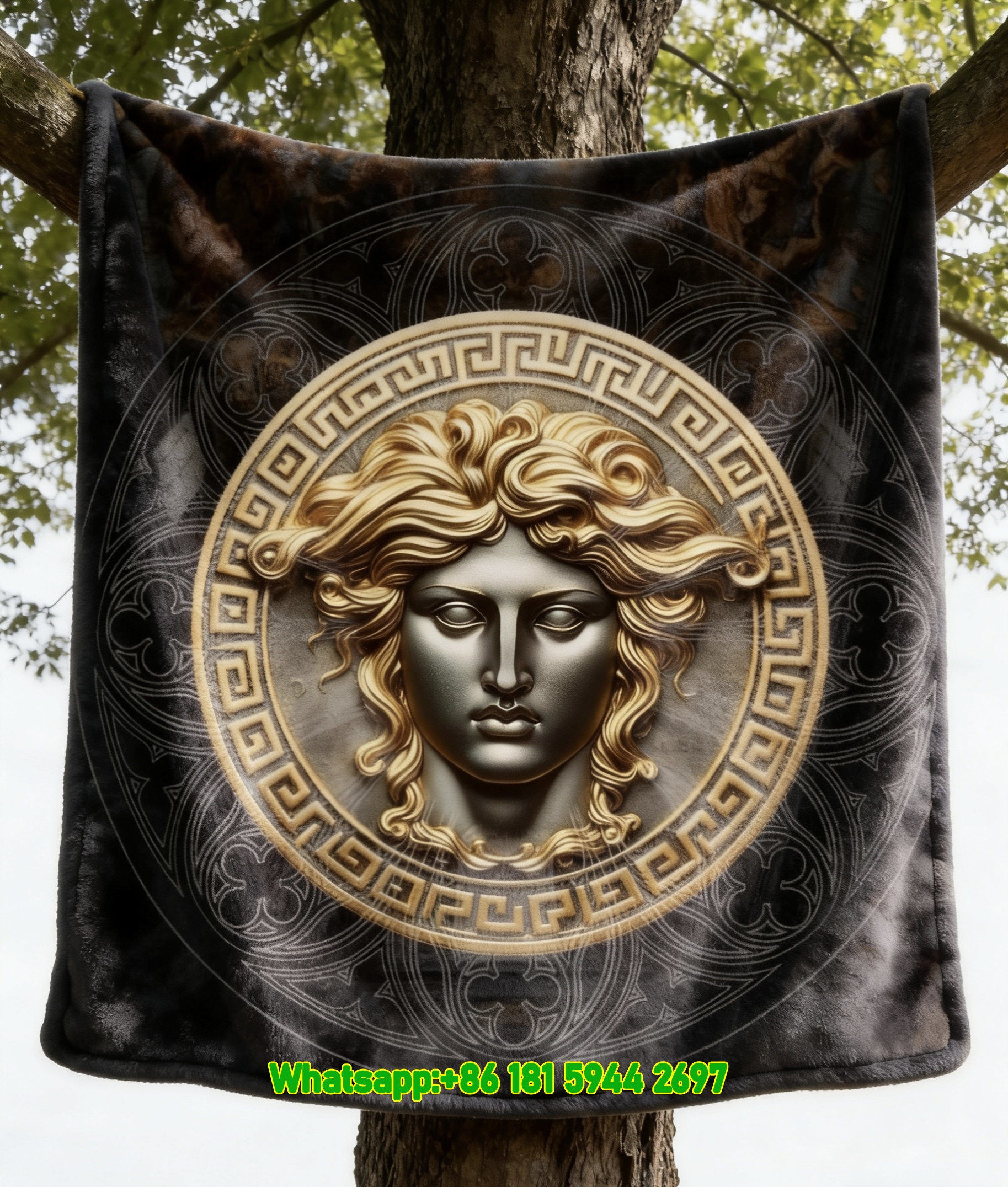 Versace Medusa Head Emblem with Gold and Silver Finish Flannel Throw Blanket in Black Gold and Silver IMG_1582
